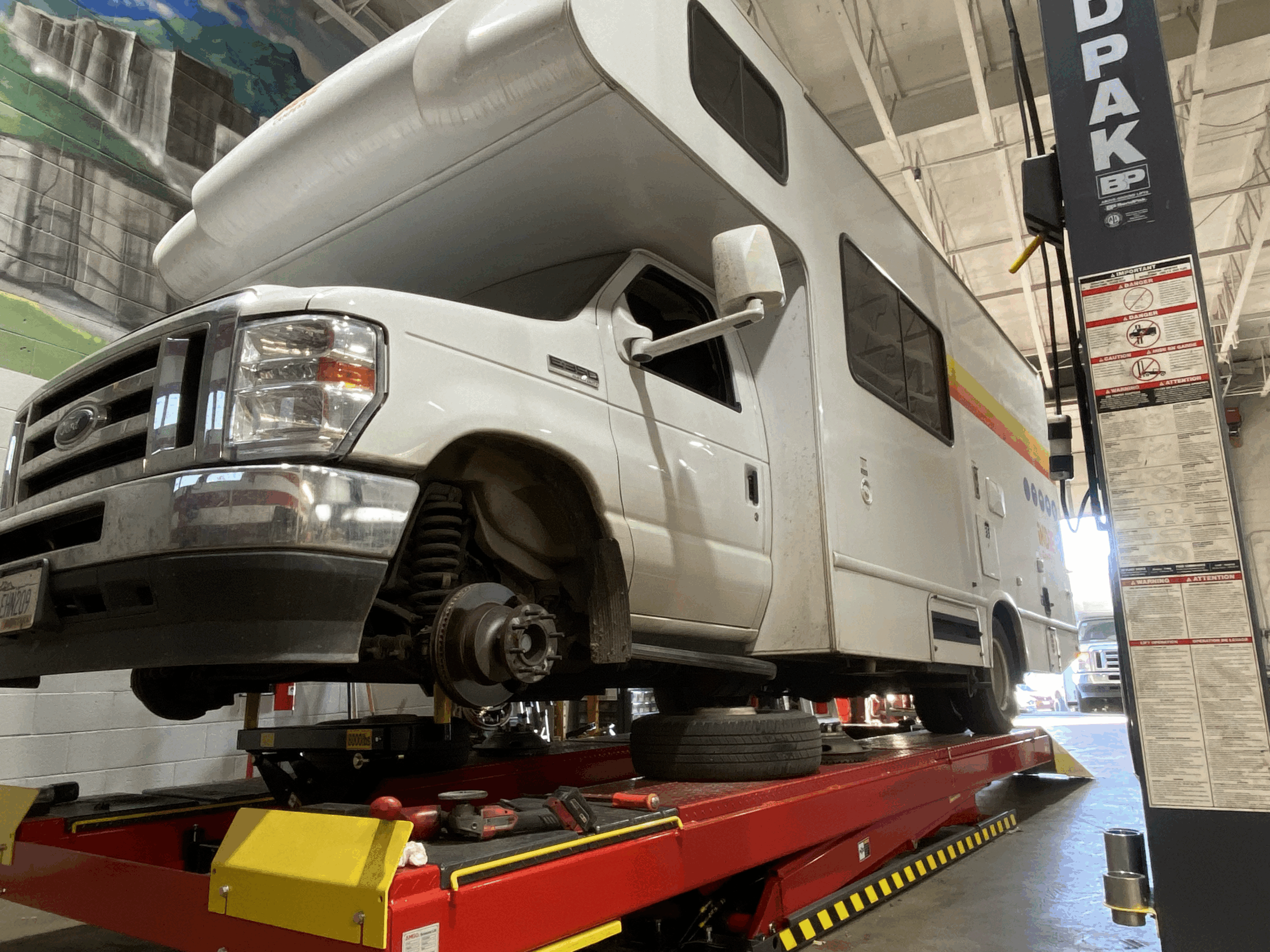 RV front view on lift service