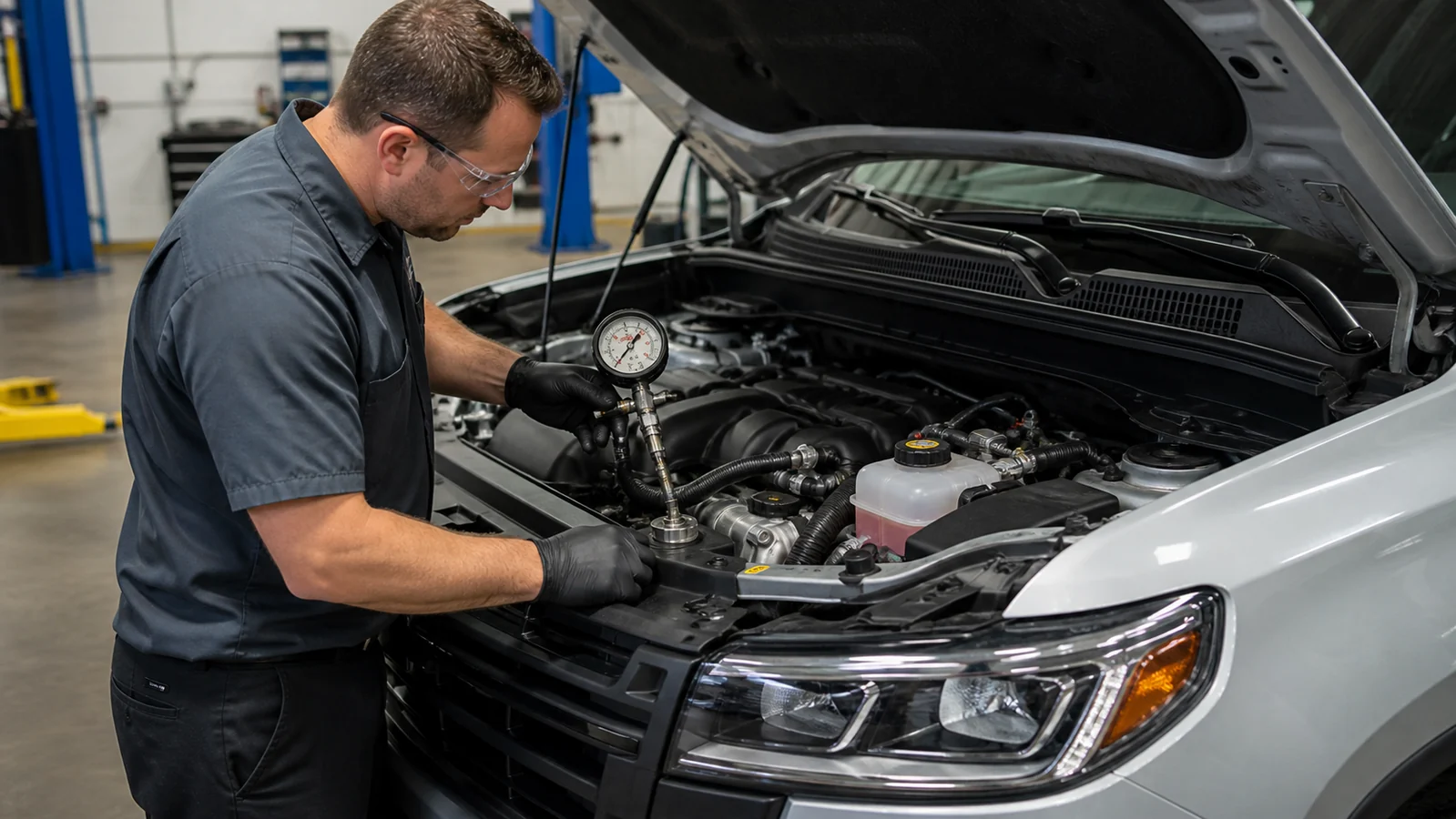 Engine cooling system pressure test with coolant reservoir and hoses visible